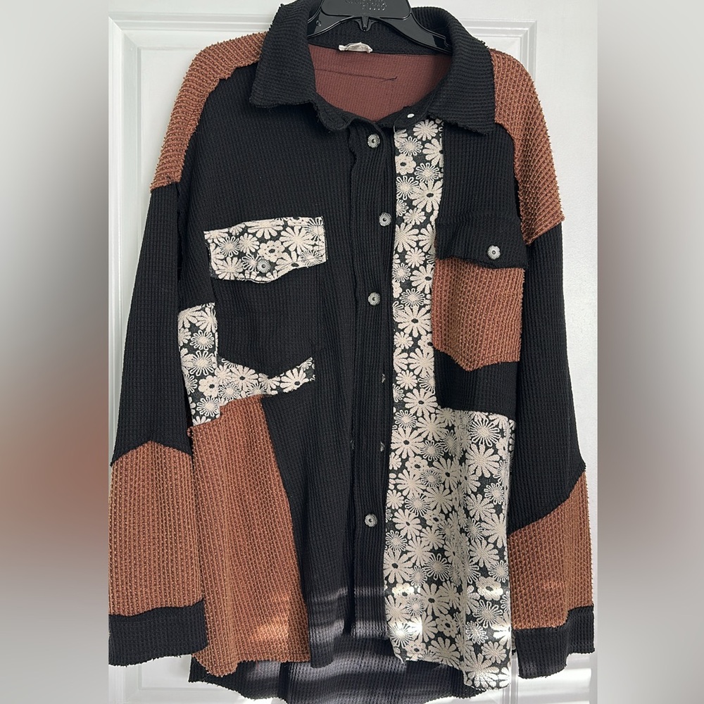 POL Black and Brown Knit button front Sweater